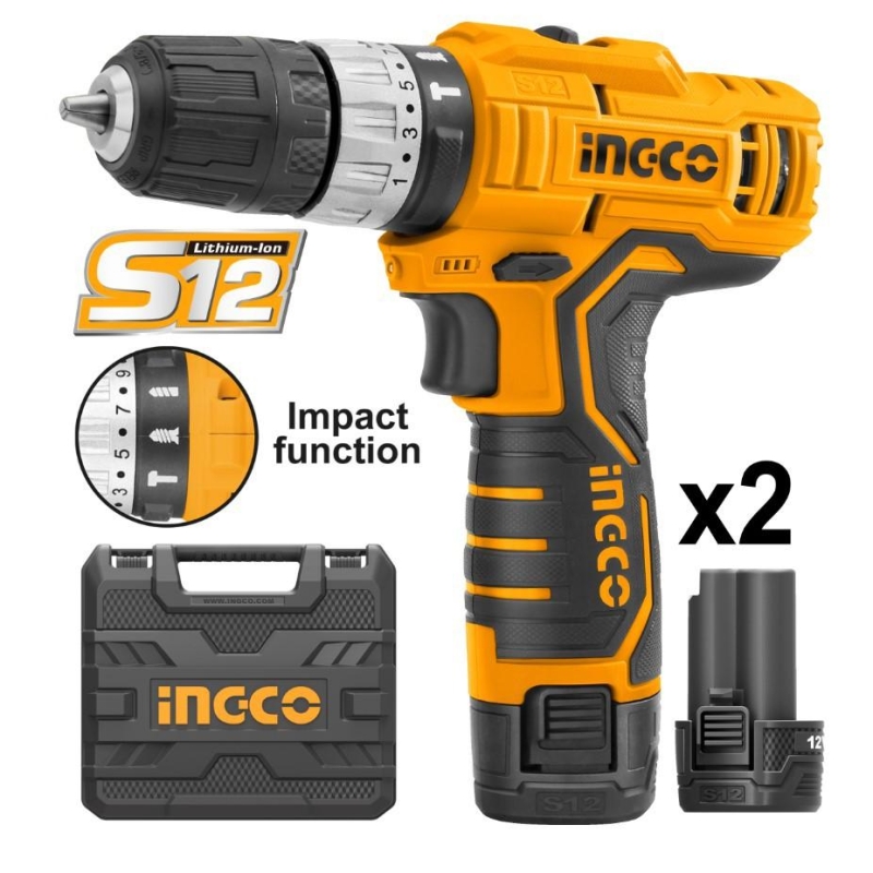 Ingco Cordless Drill Impact 12v 20nm Kit (2xBatt) Pietria